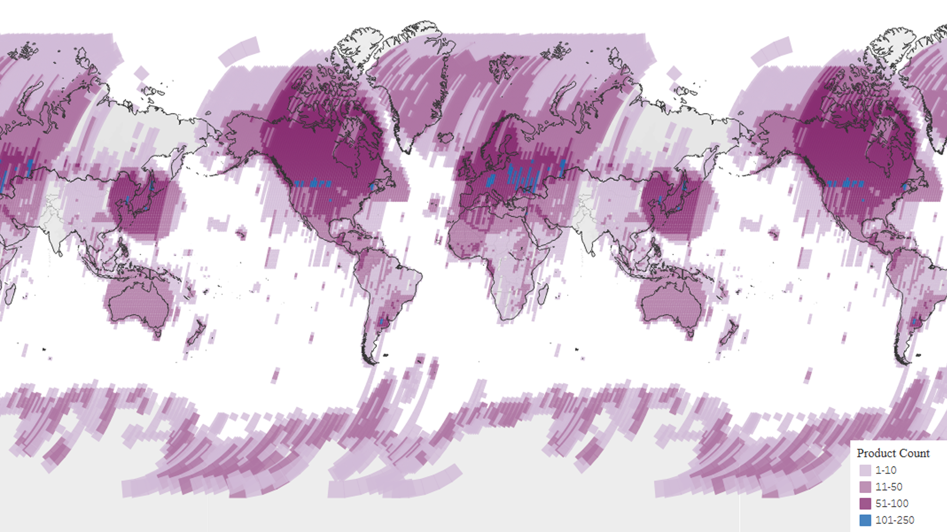 Landsat 4 global density map from the USGS EROS archive. The colors on the maps show detail about the number of scenes per Path/Row.